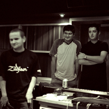With Piotr Kabała and Michał Żardecki at Studio Buffo, Warsaw, on October 13, 2001, recording Cunning Diversion. Photo • Tadeusz Pękacz Sr.